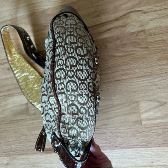 Guess Brown & Tan Shoulder Bag Y2K Linen Handbag - Picture 4 of 15